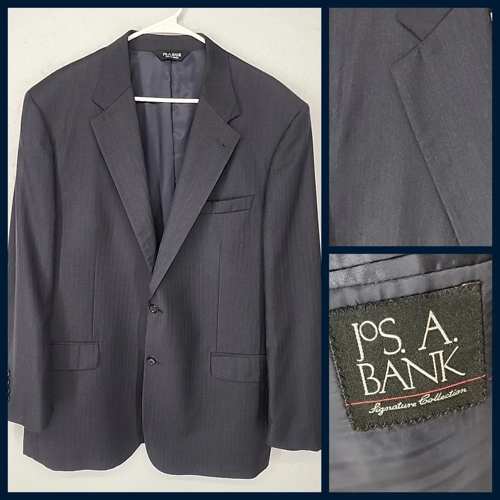 Jos‎ A. Bank Size 46L | Navy Blue Wool Herringbone Sport Coat Blazer Jacket